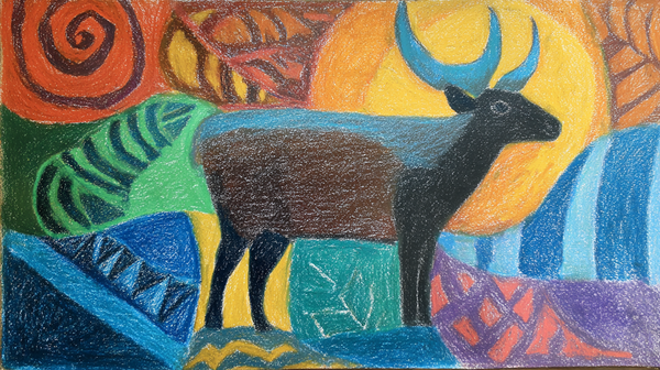 Gentle Deer Meadow nursery art displayed on Samsung Frame TV - 4K digital download featuring golden deer with purple and turquoise floral patterns