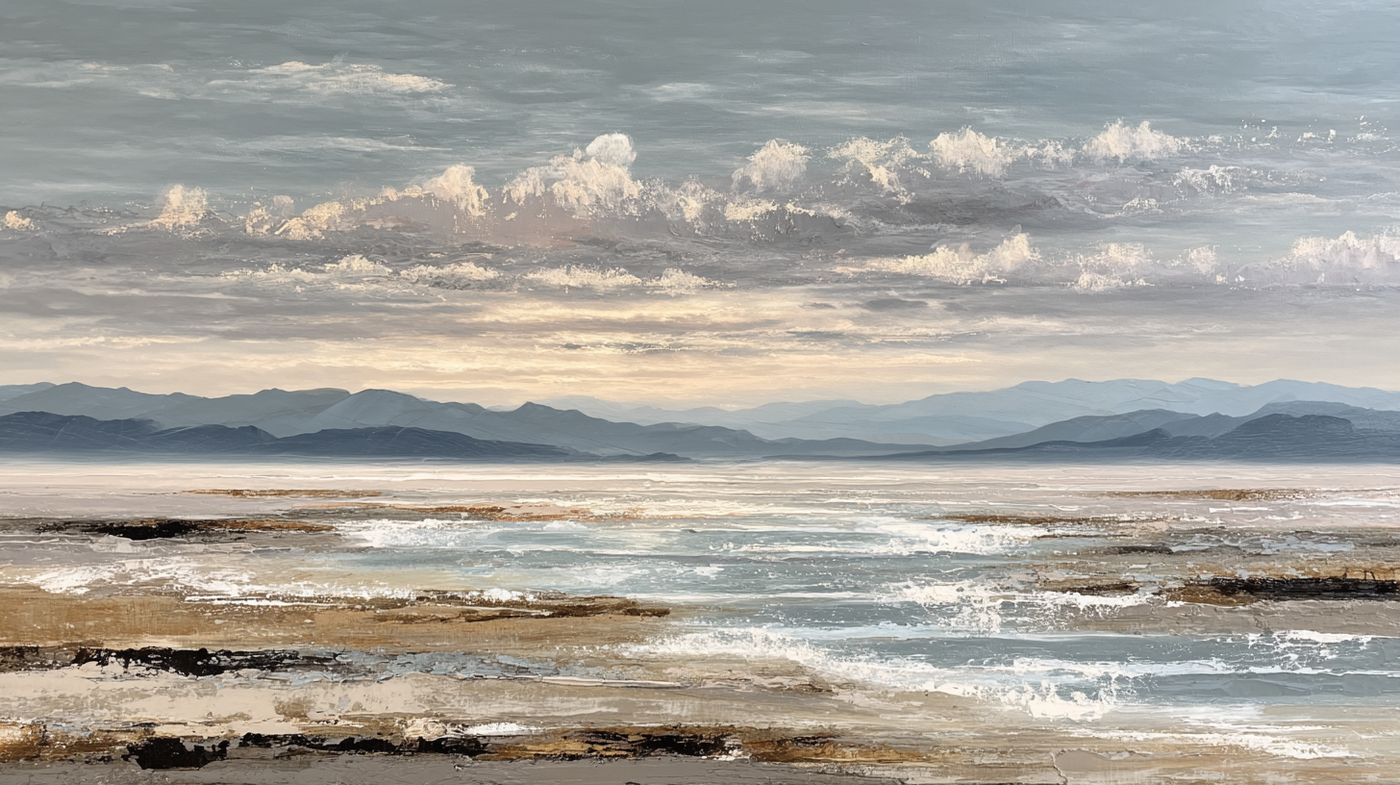 Minimalist coastal seascape with gentle waves in soft grey and white tones under cloudy sky – digital art for Samsung Frame TV