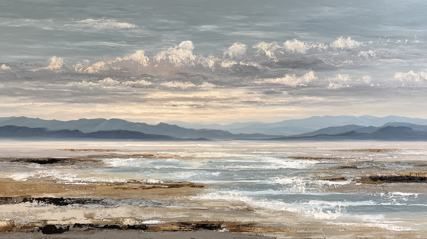 Minimalist coastal seascape with gentle waves in soft grey and white tones under cloudy sky – digital art for Samsung Frame TV