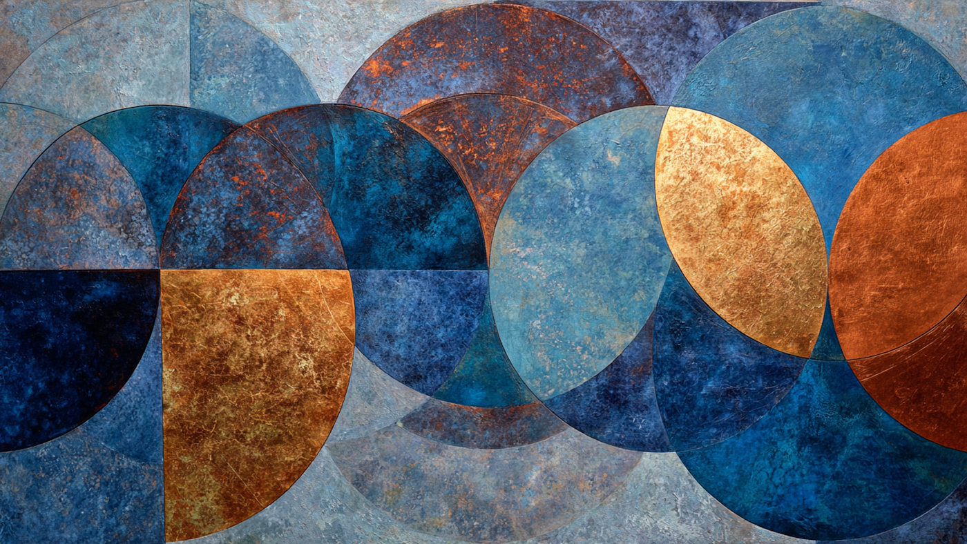 Geometric Harmony abstract artwork displayed on Samsung Frame TV showing overlapping circular forms in sophisticated blue, amber, and earth tones