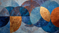 Geometric Harmony abstract artwork displayed on Samsung Frame TV showing overlapping circular forms in sophisticated blue, amber, and earth tones