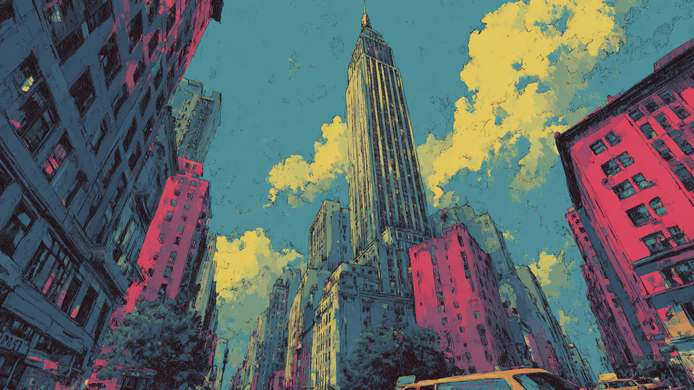 Geometric Metropolis abstract cityscape art displayed on Samsung Frame TV - 4K digital download featuring citrus and electric pink blue and yellow cubist architecture