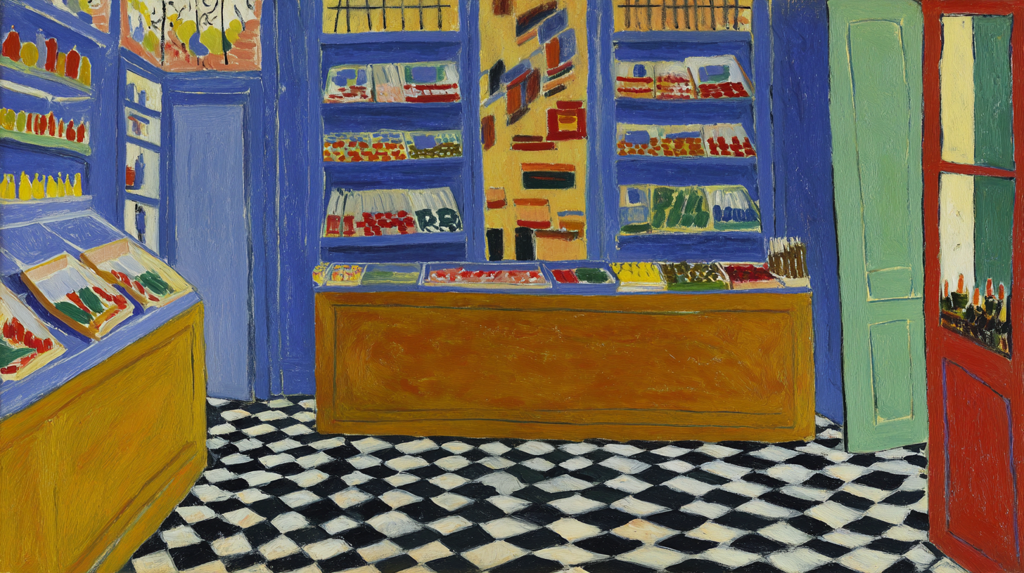Geometric Provisions pattern artwork displayed on Samsung Frame TV showing market scene with bold stripes and checkerboard patterns in yellow and blue geometric design