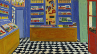 Geometric Provisions pattern artwork displayed on Samsung Frame TV showing market scene with bold stripes and checkerboard patterns in yellow and blue geometric design