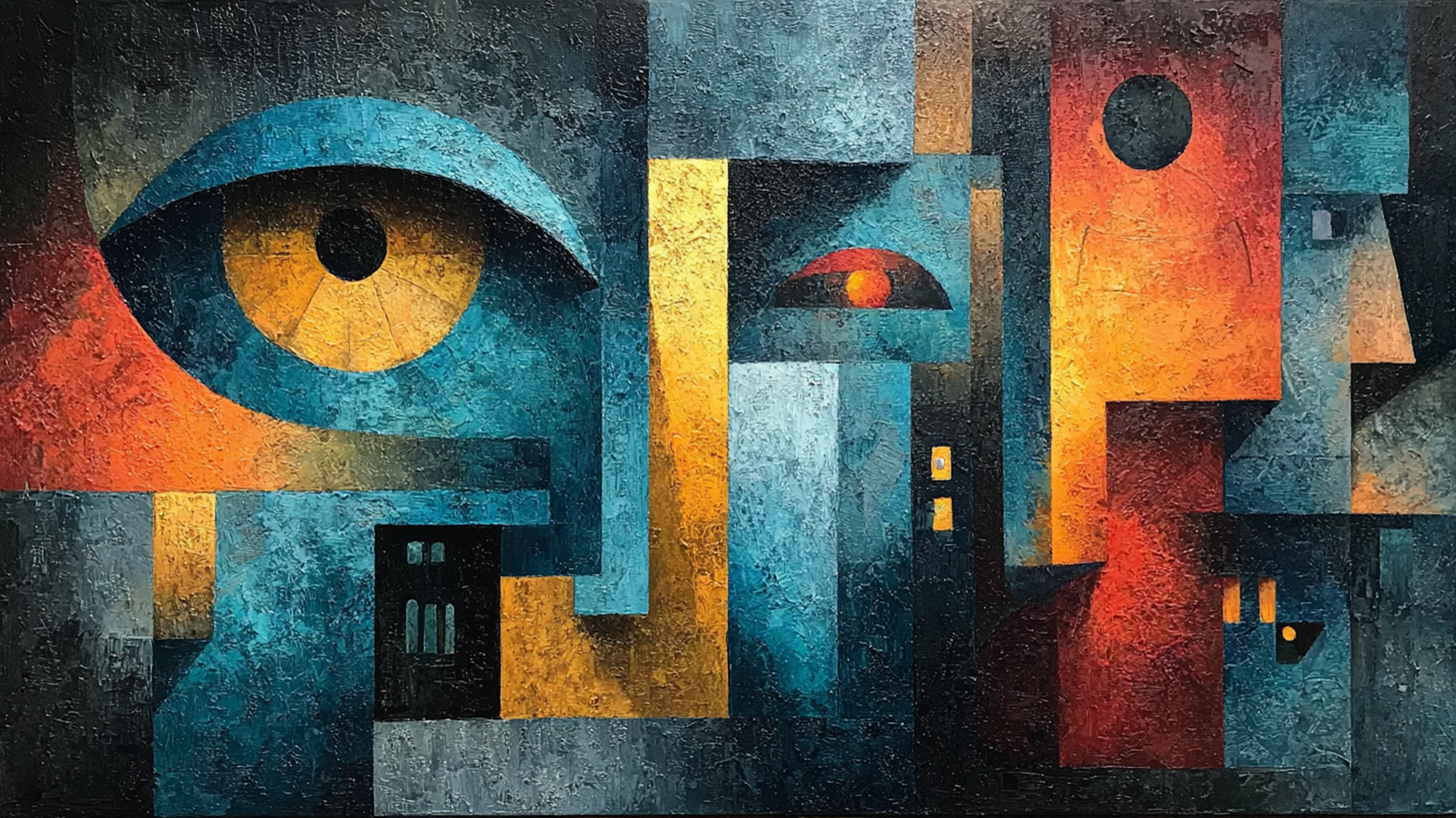 Geometric Provisions pattern art displayed on Samsung Frame TV - 4K digital download featuring citrus and electric yellow and blue geometric shapes with market scene elements