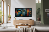 Geometric Provisions pattern art displayed on Samsung Frame TV - 4K digital download featuring citrus and electric yellow and blue geometric shapes with market scene elements