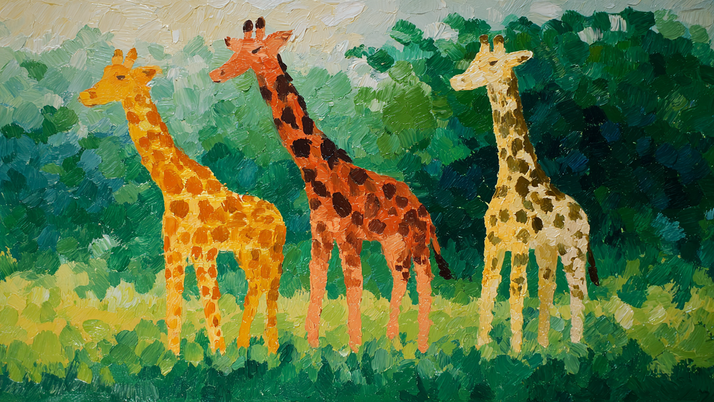 Giraffe Family Meadow nature kids art displayed on Samsung Frame TV - 4K digital download featuring parent giraffes with baby in sage green and golden meadow