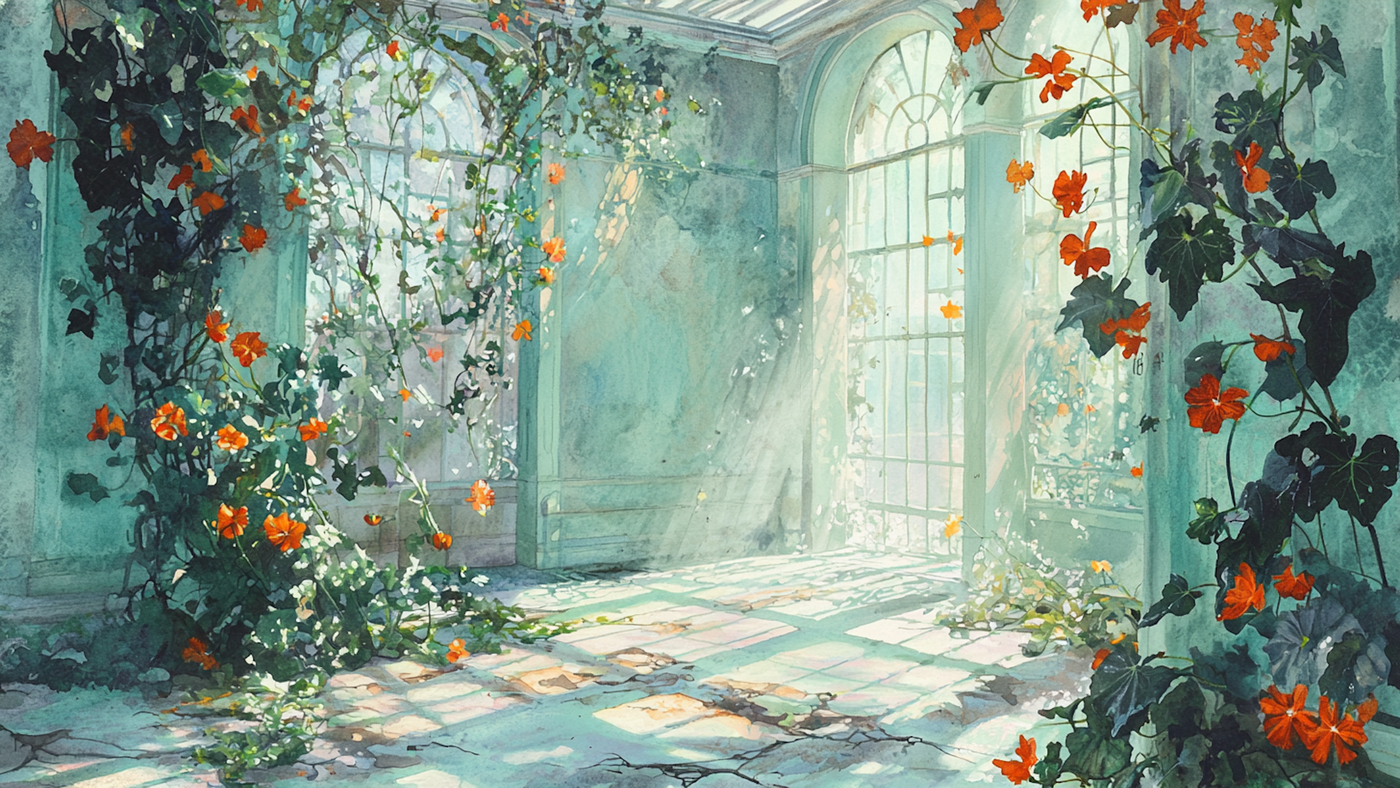 Glasshouse Bloom – A dreamy sunlit interior with arched windows, creeping vines, and orange flowers, designed for Samsung Frame TV in 4K resolution