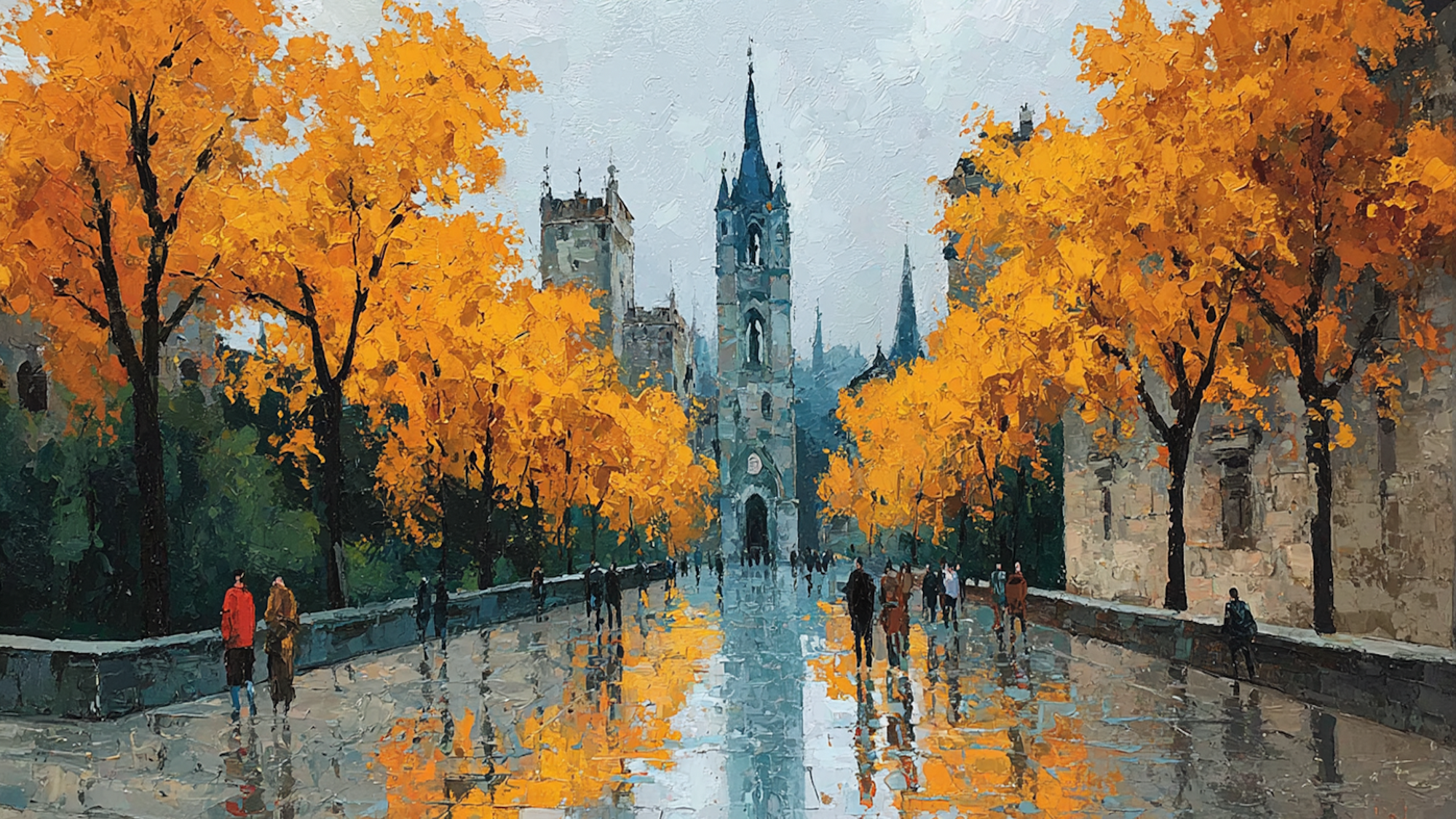 Golden Boulevard Reflections urban landscape displayed on Frame TV - 4K digital download featuring golden autumn trees lining wet city street with architectural buildings and pavement reflections creating sophisticated urban autumn scene