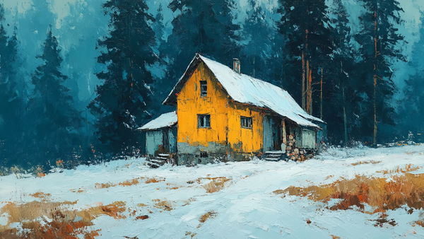 Golden Chalet Retreat alpine scene detail - yellow cabin for Samsung Frame TV and HiSense CanvasTV featuring bright citrus yellow chalet against teal evergreen forest