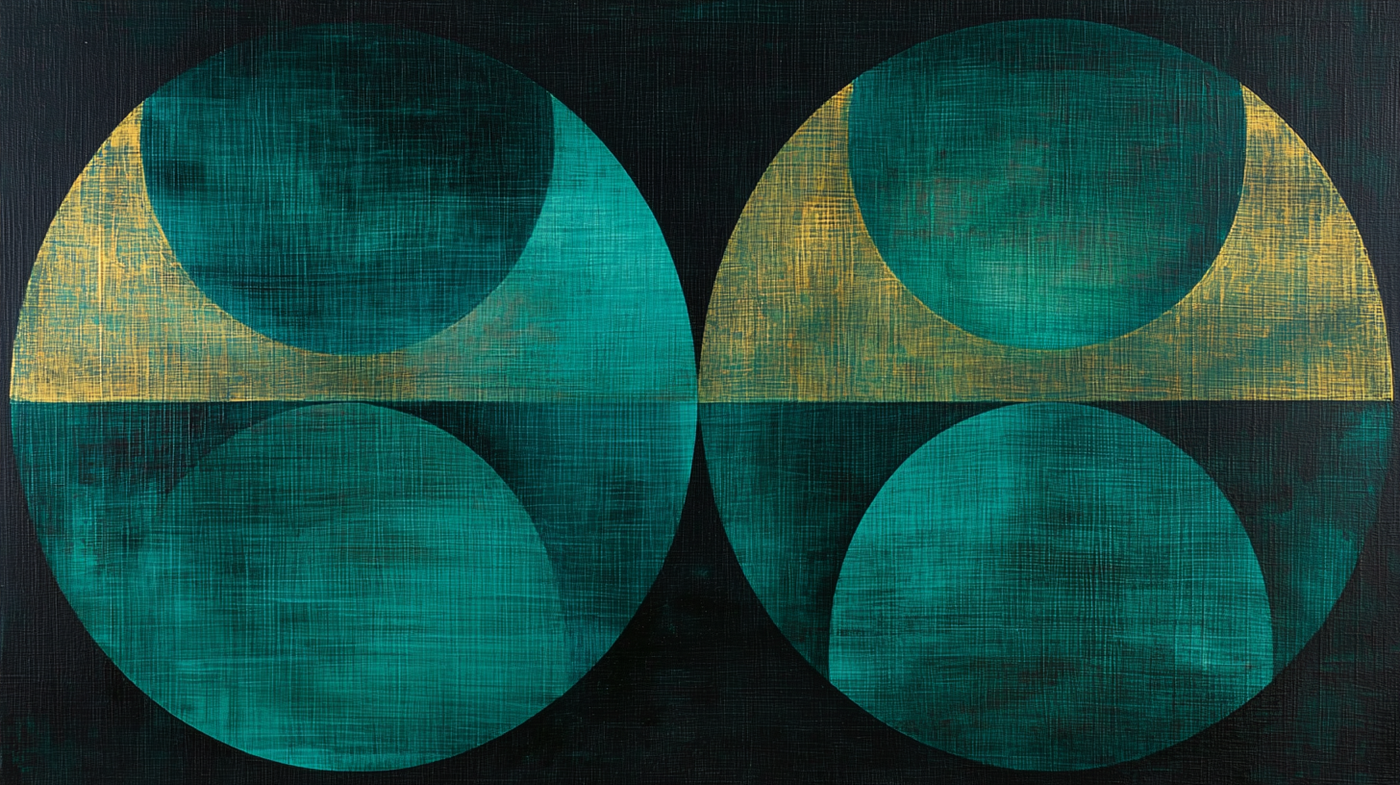 Modernist geometric composition with golden circles floating above teal rectangular forms in sophisticated harmony – digital art for Samsung Frame TV