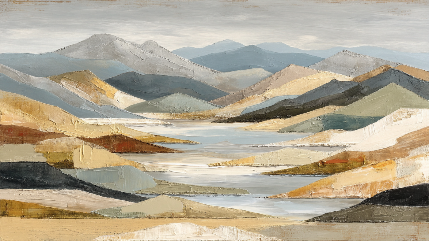 Abstract flowing landscape with golden streams and earth tones in sophisticated layered composition – digital art for Samsung Frame TV