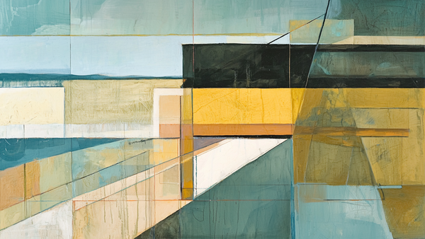 Abstract gridline artwork in warm ochre, teal, and neutral tones – 4K Frame TV art