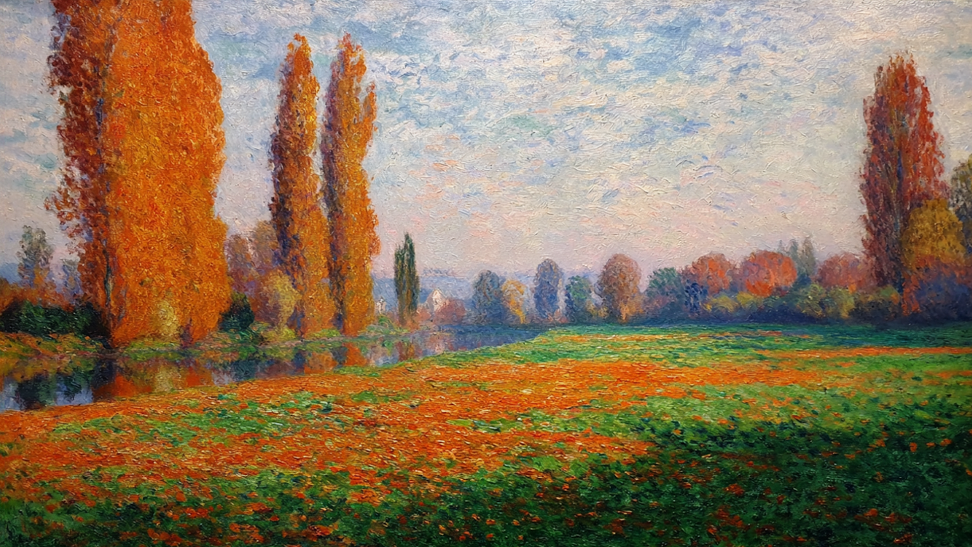 Golden Grove Mist atmospheric autumn landscape displayed on Samsung Frame TV - 4K digital download featuring golden-orange autumn trees softly emerging through morning mist creating ethereal peaceful scene