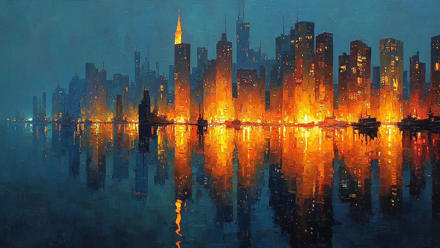 Dramatic metropolitan skyline with golden lights reflecting on harbor water at twilight – digital art for Samsung Frame TV