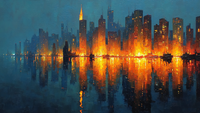 Dramatic metropolitan skyline with golden lights reflecting on harbor water at twilight – digital art for Samsung Frame TV