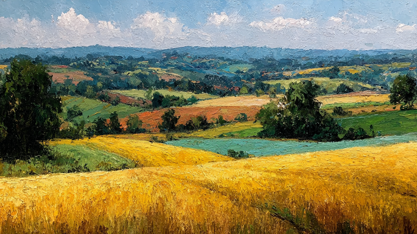 Golden Harvest Fields agricultural landscape displayed on Samsung Frame TV - 4K digital download featuring amber and terracotta golden wheat fields rolling across gentle terrain with scattered trees