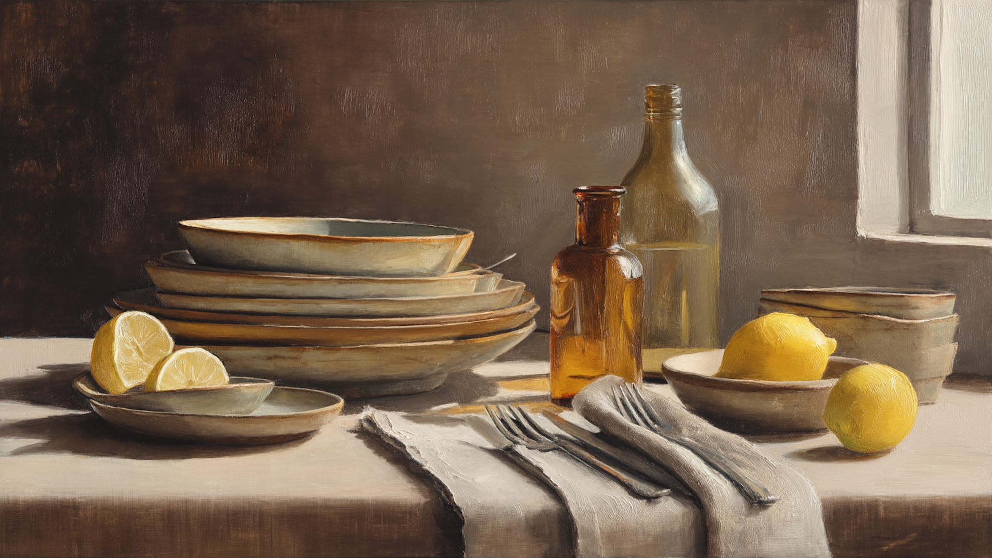 Classic kitchen still life with stacked cream plates, amber bottles and fresh lemons in warm golden light – digital art for Samsung Frame TV