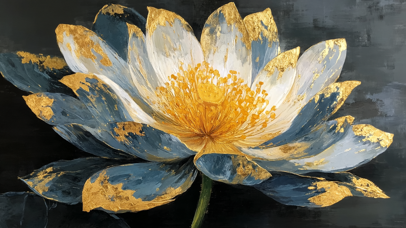 Luxurious golden lotus flower with metallic petals on dark background – digital art for Samsung Frame TV