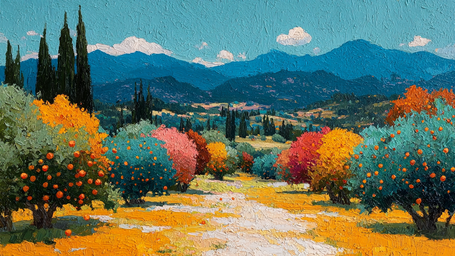 Golden Orchard Vista landscape art displayed on Samsung Frame TV - 4K digital download featuring amber and terracotta orange and golden autumn orchard trees with blue mountain backdrop