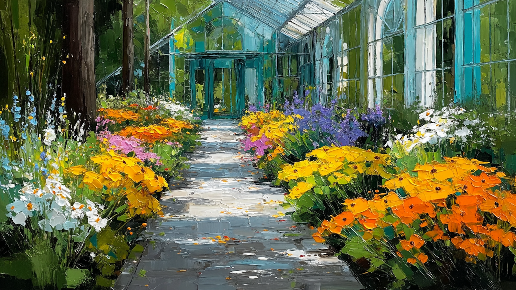 Charming cottage garden path with golden marigolds and orange flowers in warm amber tones, perfect for Samsung Frame TV and HiSense CanvasTV