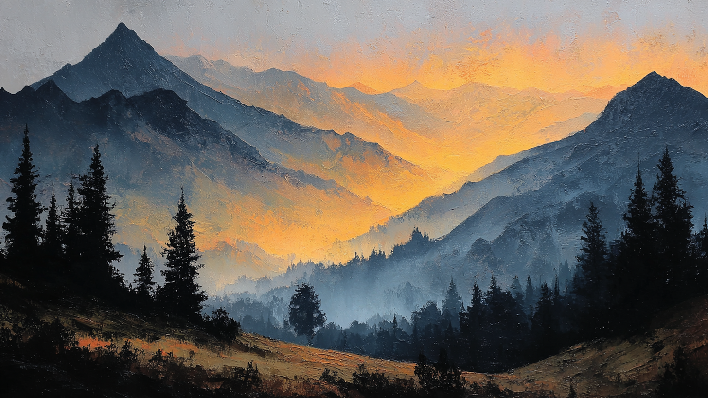 Golden Ridge sunset mountain art displayed on Samsung Frame TV - 4K digital download featuring amber and terracotta sunset colors over layered mountain peaks