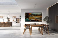 Golden Valley Harvest landscape art displayed on Samsung Frame TV - 4K digital download featuring amber wheat fields and terracotta barn under warm sunset light