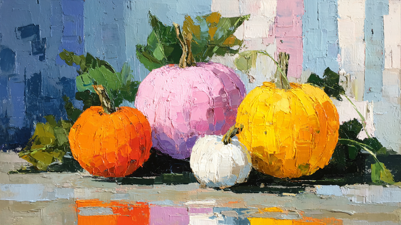 Gourd Garden Display harvest still life displayed on Samsung Frame TV - 4K digital download featuring colorful decorative pumpkins in vibrant blue, yellow, white, and orange creating contemporary seasonal arrangement