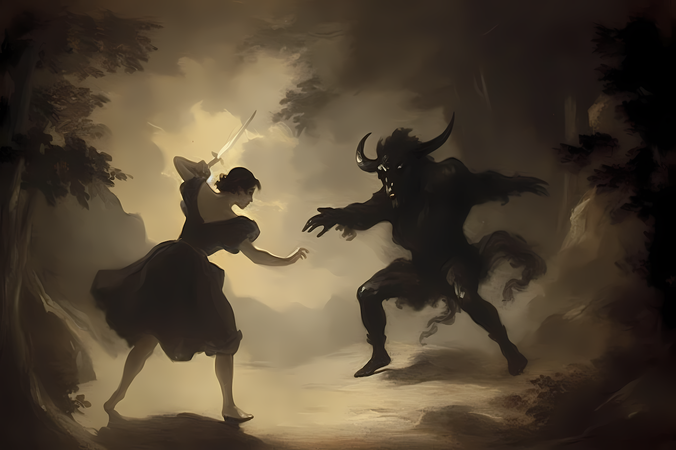 Warrior meeting monster in dramatic dark fantasy battle – cinematic digital artwork for Samsung Frame TV