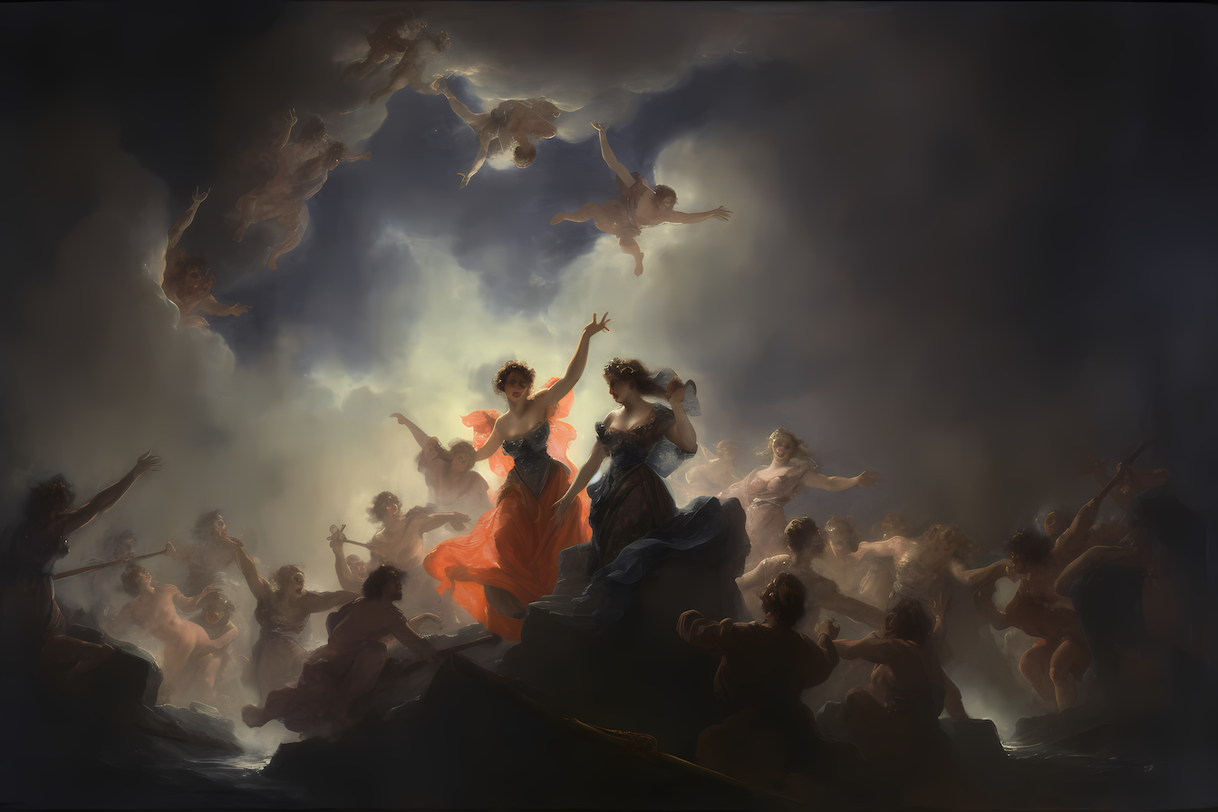 Dramatic mythological oil painting of gods, goddesses, angels, and demons in celestial battle – digital artwork for Samsung Frame TV