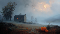 Atmospheric Halloween landscape featuring glowing orange pumpkins, abandoned barn, full moon, and autumn mist in warm amber and terracotta tones
