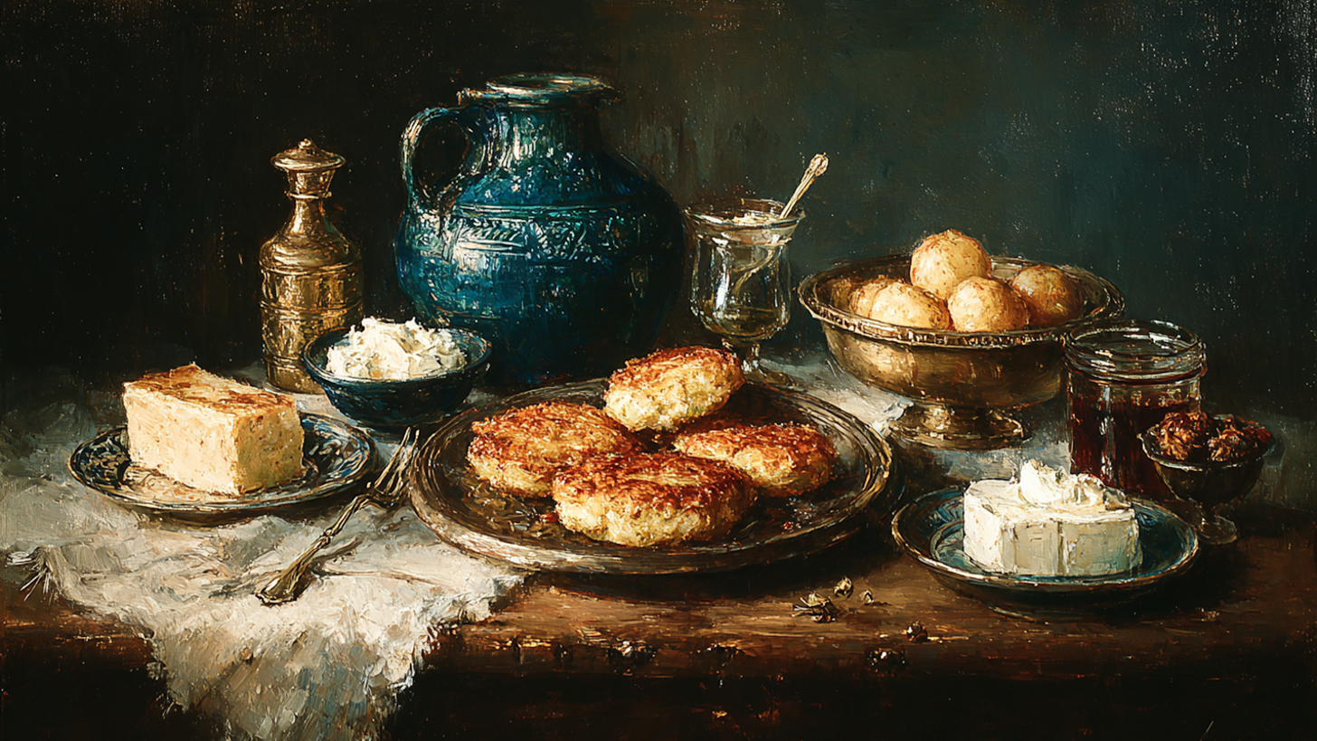 Festival Light Hanukkah still life art displayed on Samsung Frame TV - 4K digital download featuring golden potato latkes in Old Master chiaroscuro style with amber tones