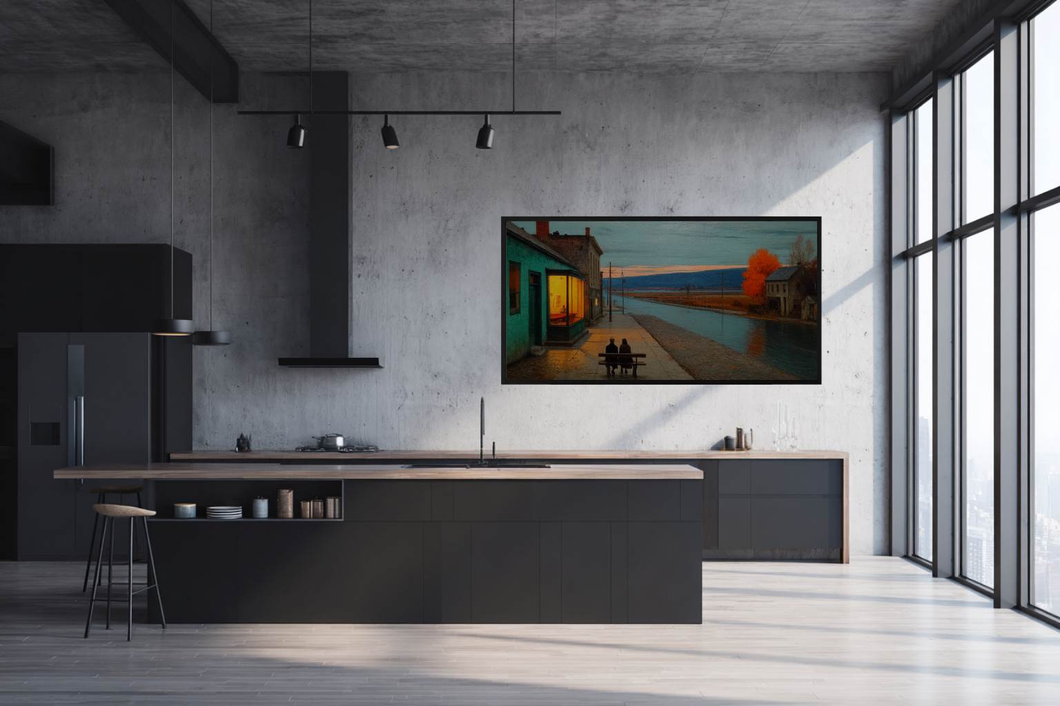 Harbor Twilight Reflections waterfront art displayed on Samsung Frame TV - 4K digital download featuring cerulean blue waters and warm amber window lights reflecting on teal evening harbor