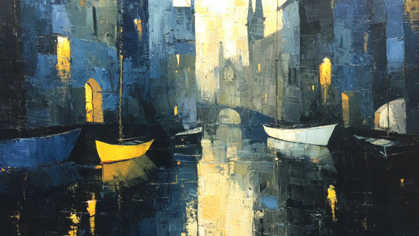 Harbor in the Mist maritime scene displayed on Samsung Frame TV - 4K digital download featuring foggy harbor with boats in ink and charcoal palette