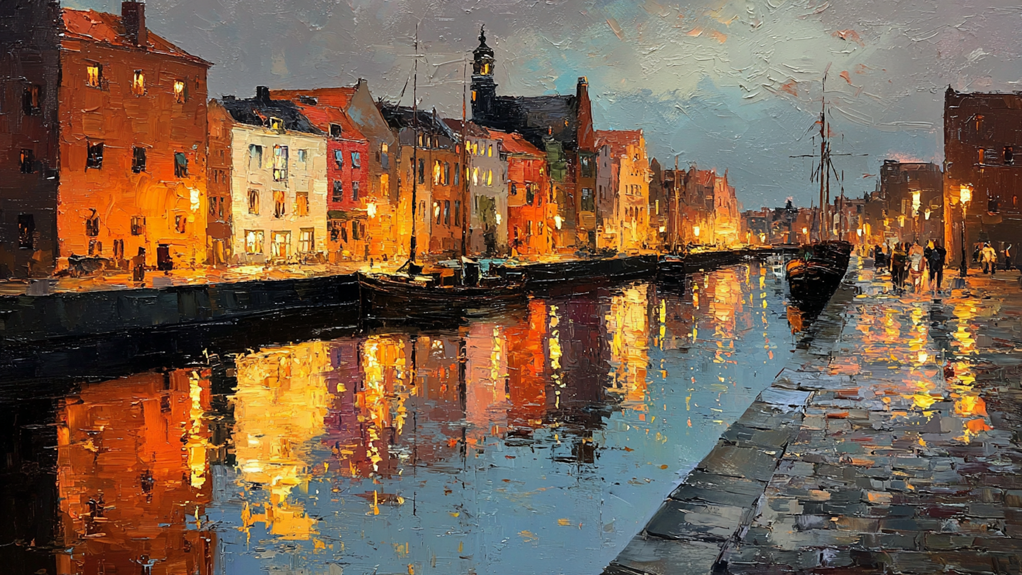 Harbourside Reverie European waterfront artwork displayed on Samsung Frame TV showing historic buildings with golden evening reflections in amber tones