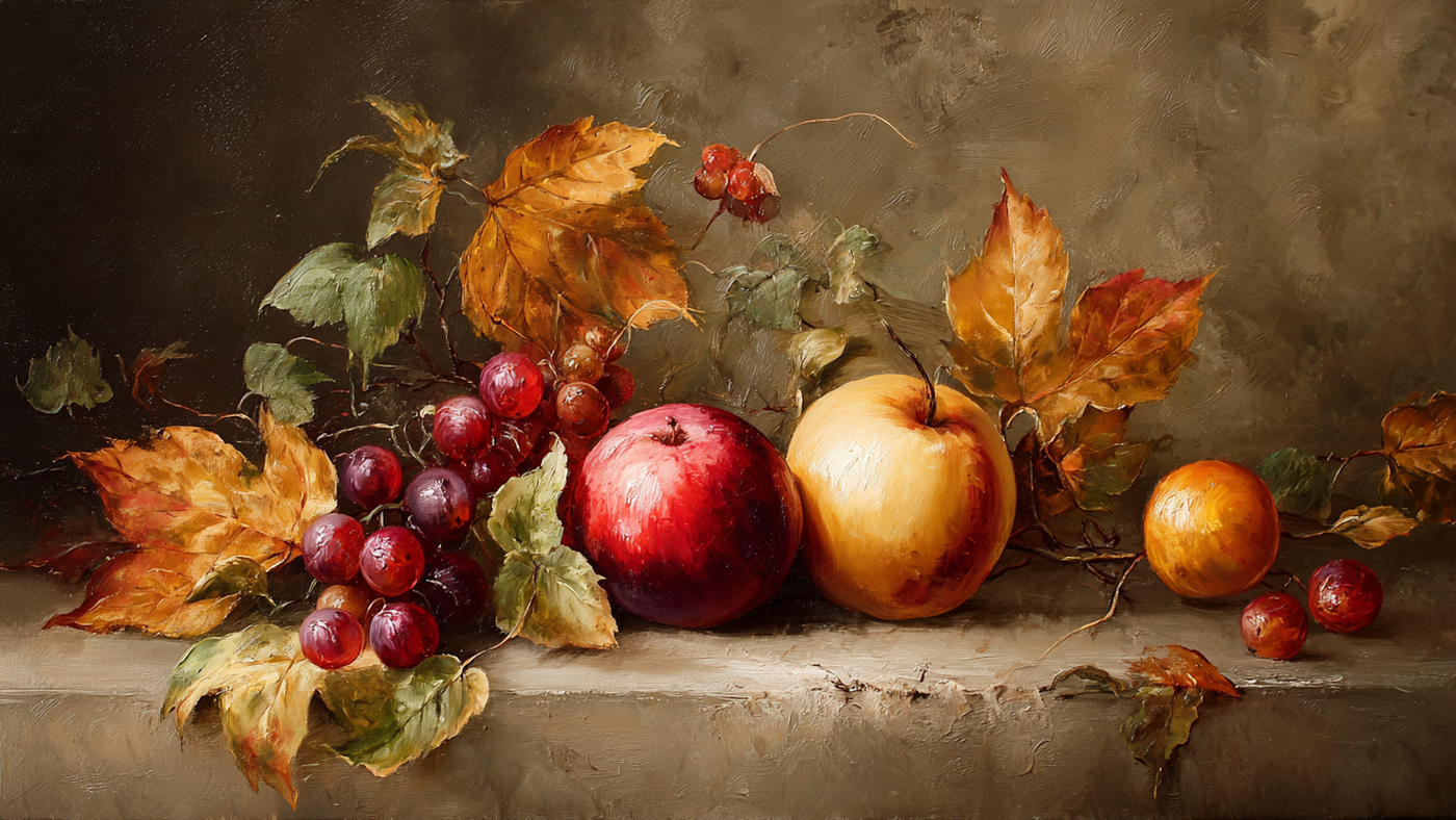 Harvest Abundance autumn still life art displayed on Samsung Frame TV - 4K digital download featuring apples and grapes in amber and terracotta tones