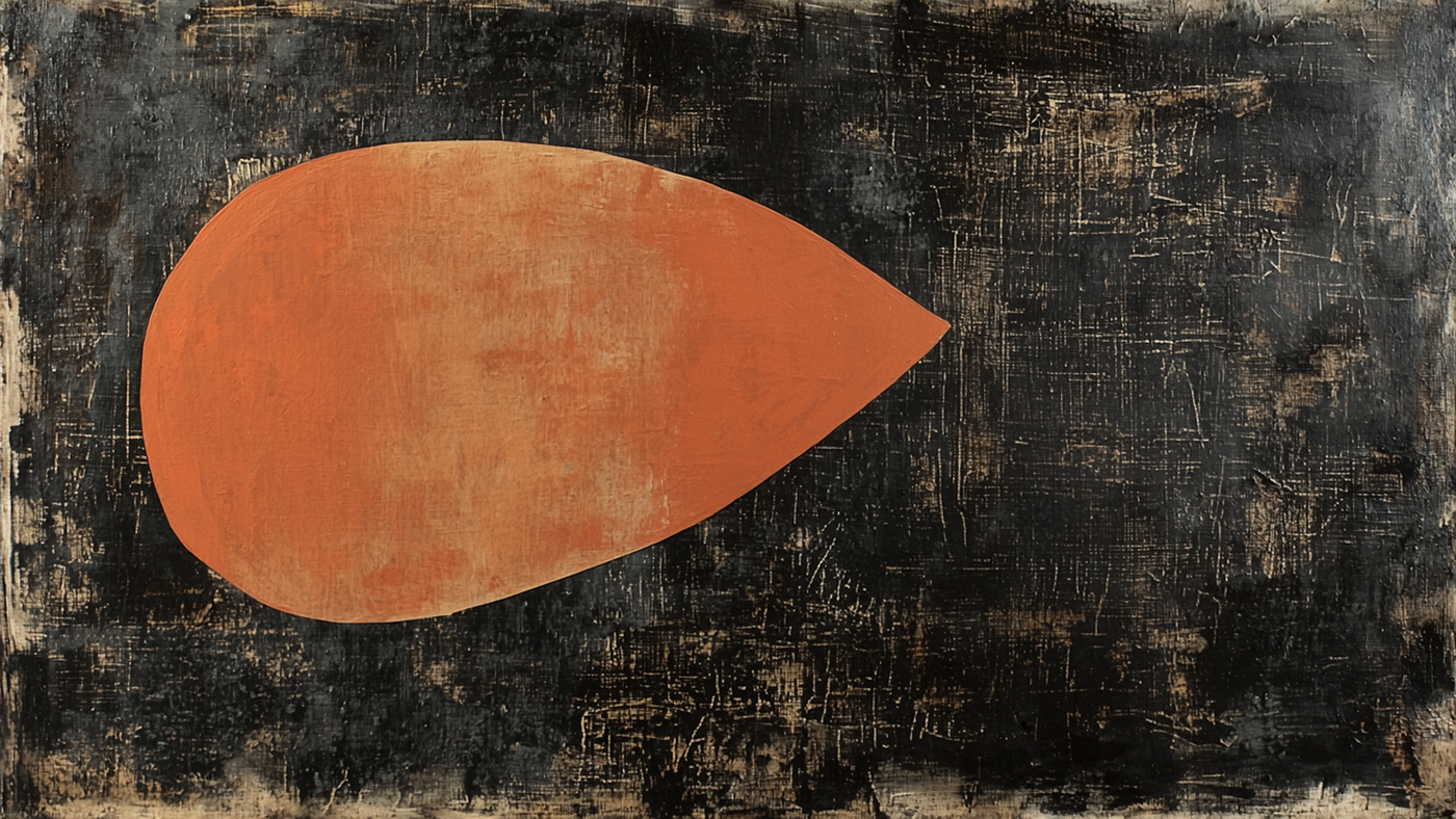 Warm terracotta drop shape on textured black – organic abstract digital art