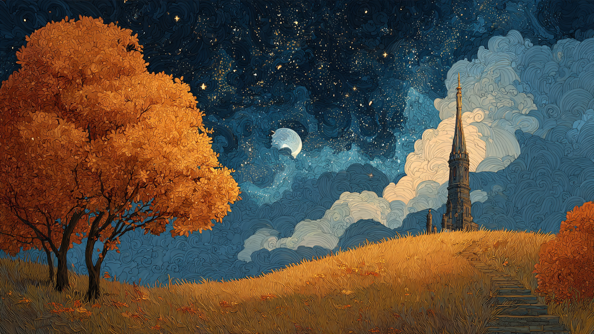 Harvest Moon countryside artwork displayed on Samsung Frame TV showing peaceful chapel with golden autumn tree under harvest moon in amber and navy tones