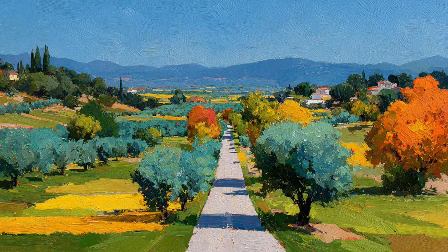 Harvest Valley Panorama landscape displayed on Frame TV - 4K digital art featuring golden amber autumn trees across rolling valley with blue mountain ranges creating expansive panoramic view