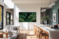 Hidden Depths Rousseau-inspired nocturnal lily pond displayed on Samsung Frame TV - 4K digital download featuring koi fish among lily pads in sage and eucalyptus green palette