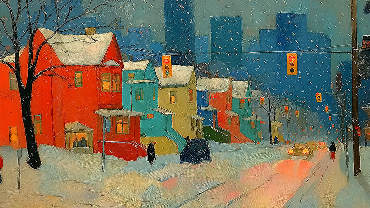 Hillside Color Symphony digital artwork for Frame TV & CanvasTV shown in cozy kitchen - folk art 4K village with amber and terracotta palette