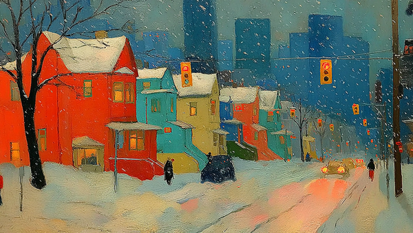 Hillside Color Symphony digital artwork for Frame TV & CanvasTV shown in cozy kitchen - folk art 4K village with amber and terracotta palette