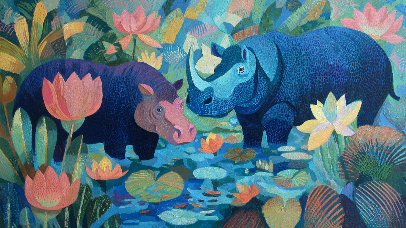 Hippo Lotus Pond serene kids art displayed on Samsung Frame TV - 4K digital download featuring blue Hippos in turquoise pond with pink lotus flowers