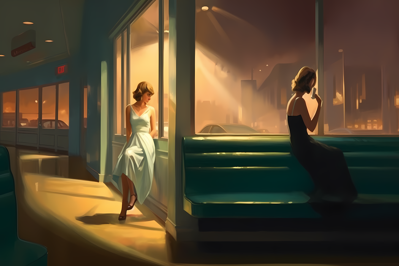 Classic noir diner scene with moody atmosphere and vintage drama – cinematic digital artwork for Samsung Frame TV