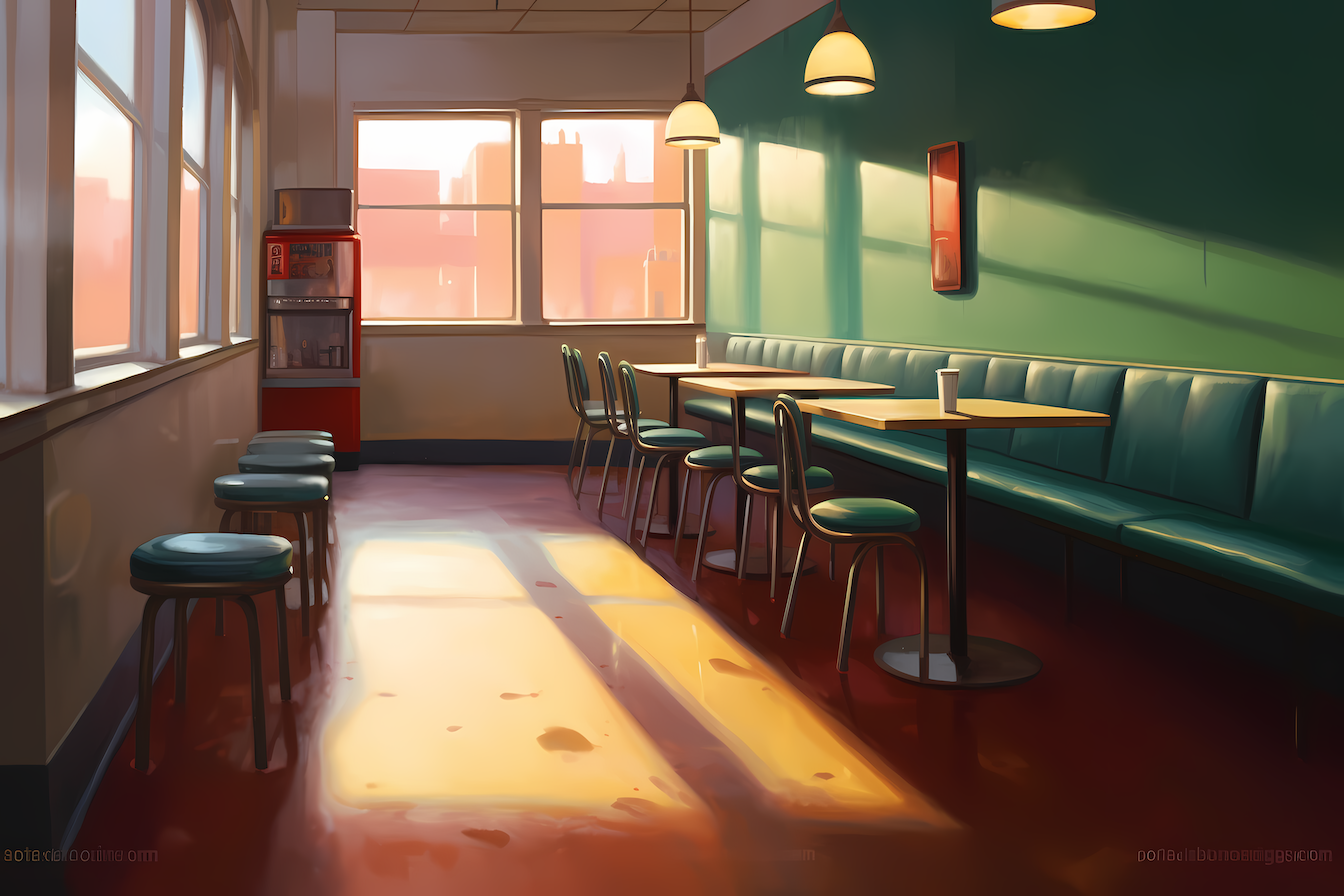 Peaceful sunlit vintage diner scene with green velvet seating and warm window light – 4K digital art for Samsung Frame TV