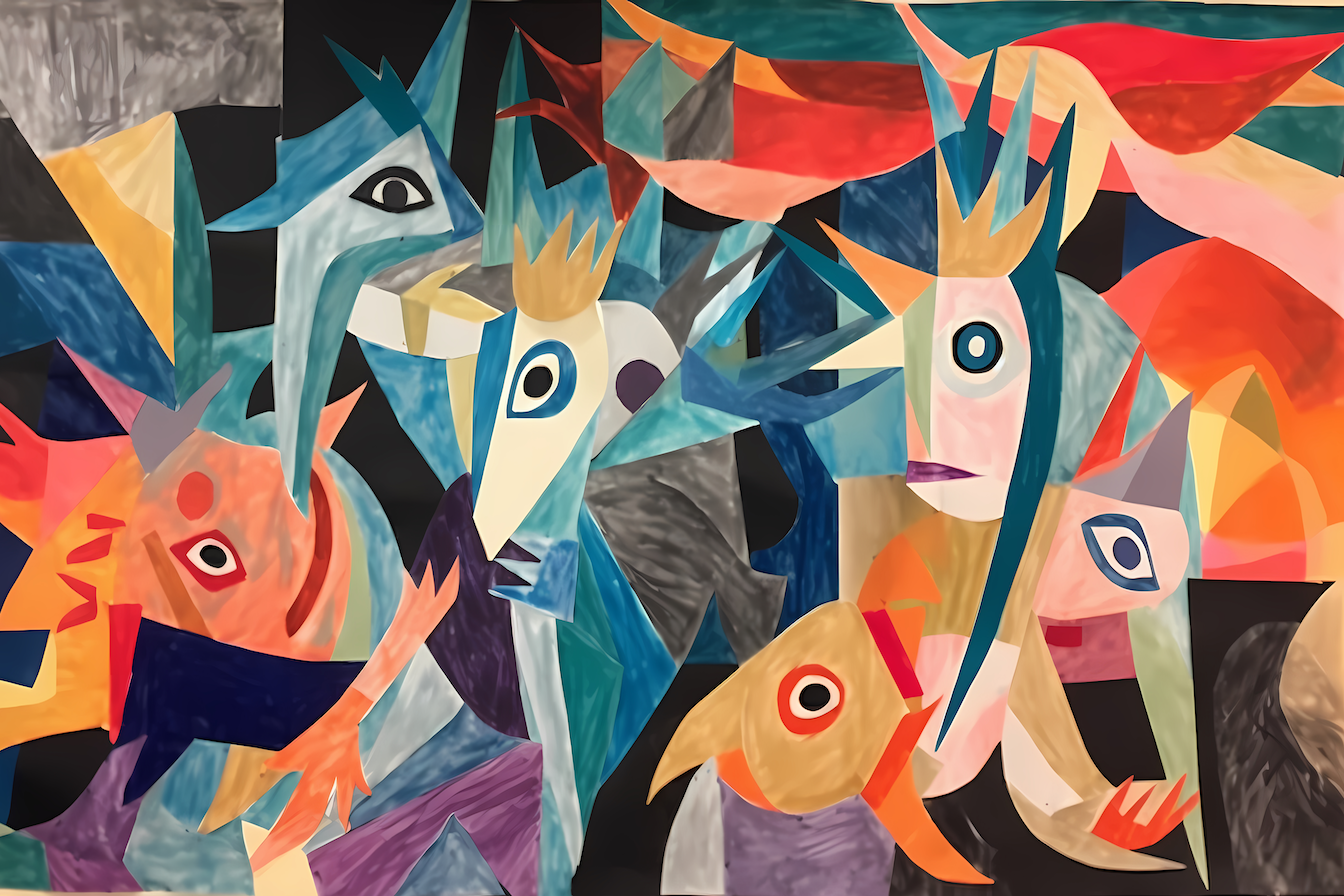 Bold geometric mythical creatures in Picasso-inspired style with vibrant colors – digital artwork for Samsung Frame TV