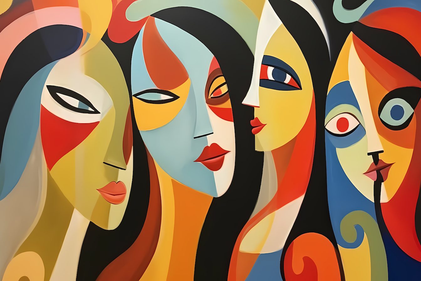 Vibrant Picasso-inspired cubist portrait with bold geometric shapes and expressive faces – digital artwork for Samsung Frame TV