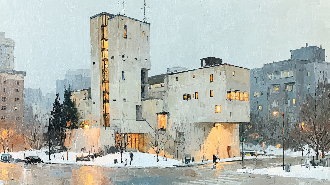 Industrial Dawn brutalist cityscape in fog displayed on Samsung Frame TV - 4K digital download featuring thick paint texture with concrete towers in warm stone and linen tones