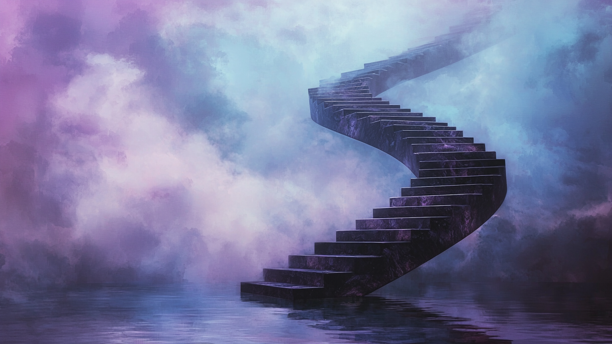 Surreal infinite spiral staircase through purple and blue dream clouds – digital art for Samsung Frame TV
