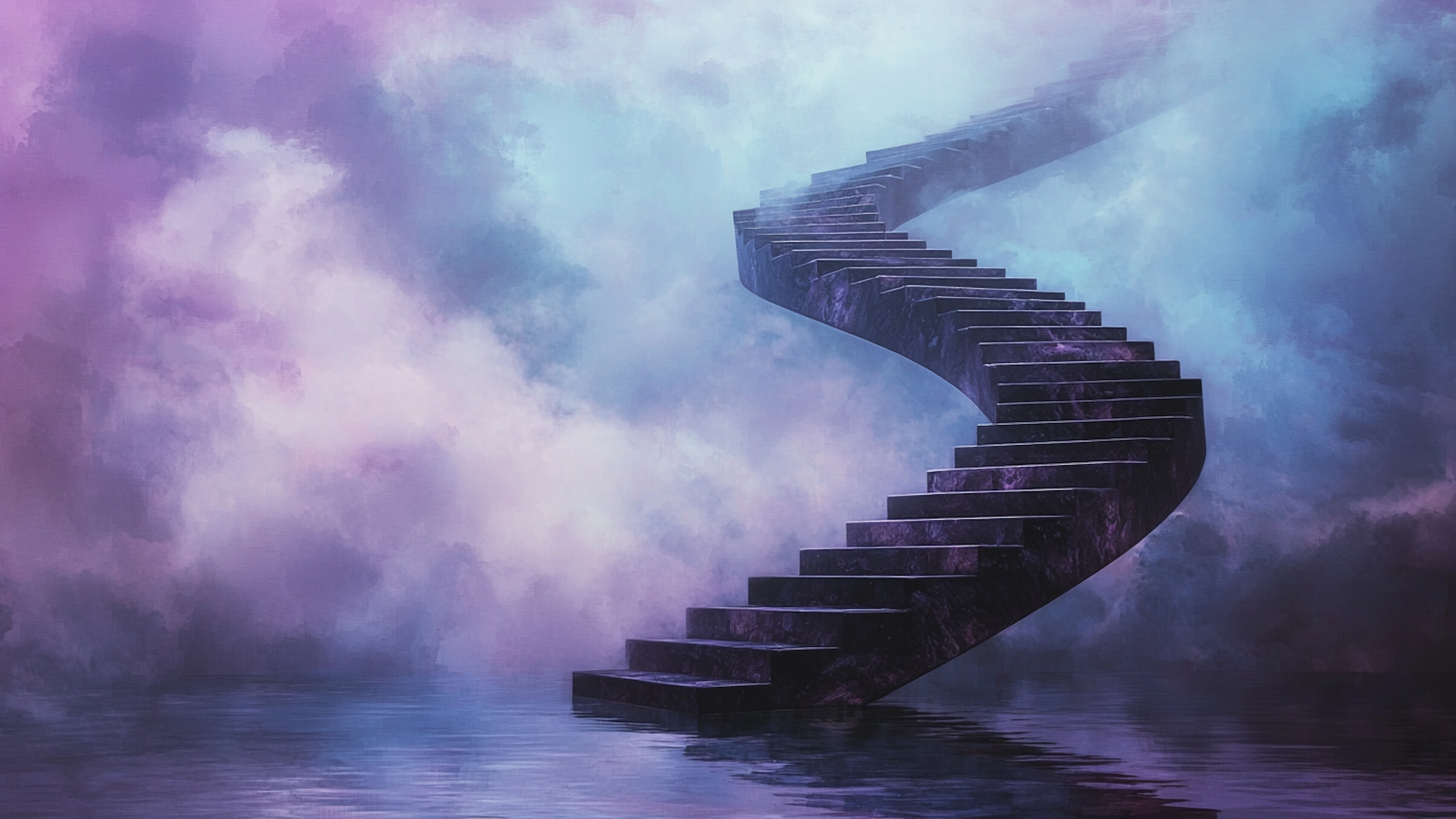 Surreal infinite spiral staircase through purple and blue dream clouds – digital art for Samsung Frame TV